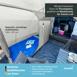 Zeltinnere mit Schlafkabine und blauer Isomatte. Neben Zelt: Stuhl und Tisch mit Geschirr. Offene Tür mit Moskitonetz.