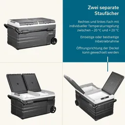 Kühlbox mit zwei separaten Staufächern und Rollen. Deckel kann in verschiedene Richtungen geöffnet werden.