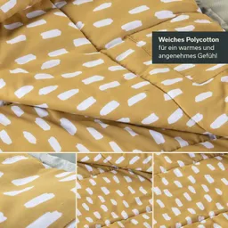Gelb-weiße Stoffoberfläche mit unregelmäßigen, weißen Mustern und einem Hinweis auf weiches Polycotton.