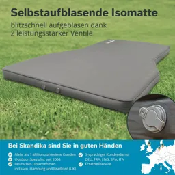 Graue, selbstaufblasende Isomatte auf grünem Gras, mit zwei Ventilen an der Seite, textuelle Informationen im Hintergrund.