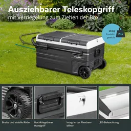 Kühlbox mit ausziehbarem Teleskopgriff, stabilen Rädern und verschiedenen Funktionen, platziert auf grünem Gras.