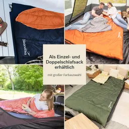 Verschiedene Schlafsäcke in unterschiedlichen Farben, genutzt in Outdoor- und Innenumgebungen, auf mehreren Bildern angeordnet.