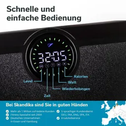 Display eines Fitnessgeräts mit digitaler Anzeige für Zeit, Kalorien, Watt, Level und Wiederholungen. Text informiert über Vorteile.