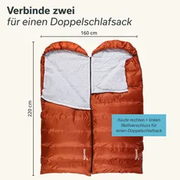 Doppeltschlafsack in Orange mit Mustern innen. Maße: 160 cm x 220 cm. Hinweis zur Verbindung von Reißverschlüssen.