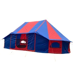 Zelt in rot-blauem Design mit spitzem Dach, seitlichen Fenstern und Eingängen, auf weiße Fläche platziert.