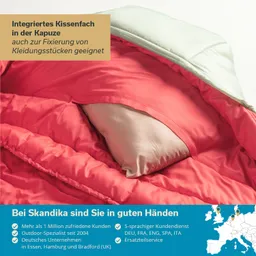 Schlafsack mit integriertem Kissenfach in der Kapuze. Bei geöffnetem Schlafsack ist das innere Futter sichtbar.