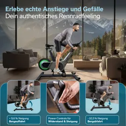 Mann trainiert auf einem Heimtrainer in einem modernen Raum mit Aussicht auf Berge. Anzeigen für Neigungs- und Widerstandskontrolle.