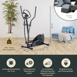 Ellipsentrainer in Schwarz mit technischen Details zu Gewicht, Brems- und Widerstandssystem. Hintergrund mit Pflanze und Couch.