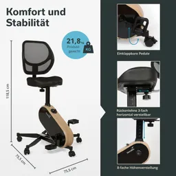 Rollstuhl mit Netzrückenlehne und schwarzem Sitz, ergonomisches Design, einklappbare Pedale, Maße und Gewicht sind angegeben.