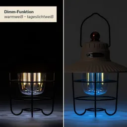Lampe mit dimmbarer Funktion, links in warmweißem Licht, rechts in tageslichtweißem Licht. Metall- und Glasstruktur sichtbar.