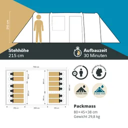 Inflatable Zeltdesign mit Abmessungen, Stehhöhe, Aufbauzeit, Kapazität, Packmaß und Gewicht. Grafische Darstellung der Innenaufteilung.