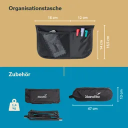 Schwarze Organisationstasche mit Netzfächern, in der sich ein Smartphone und Marker befinden. Maße und Zubehör unten angegeben.