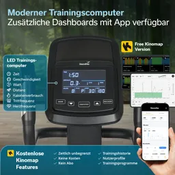 Moderer Trainingscomputer mit LED-Display und App-Funktionen. Anzeigen von Zeit, Distanz, Kalorien und Herzfrequenz.