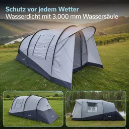 Zelt in gräulicher Farbe auf einer Wiese, umgeben von Landschaft. Drei Ansichten des Zeltes sind abgebildet.