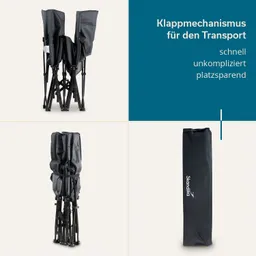 Klappstuhl in zwei Positionen: zusammengeklappt und aufrecht. Begleitender Text zu Klappmechanismus und Transport.