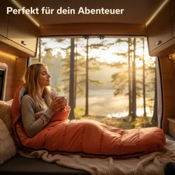 Eine Person sitzt in einem Fahrzeugbett eingekuschelt in einen orangefarbenen Schlafsack und hält eine Tasse. Im Hintergrund sind Bäume und Wasser bei Sonnenaufgang zu sehen.