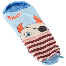 Schlafsack in Blau mit Tiergesicht und Streifenmuster, Ohr und Augen auf der Vorderseite.