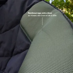 Nahaufnahme eines gepolsterten Stuhls mit grünem Netzstoff und schwarzem Bezug. Tekstliche Beschreibung obendrauf.