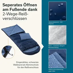 Schlafsack in Blau mit 2-Wege-Reißverschlüssen, wasserabweisendem Material und Mikrofaserausstattung.
