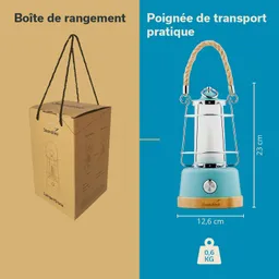 Verpackung einer Lampe mit Trageseil und Abbildung der Lampe auf blauem Hintergrund. Maße: 23 cm hoch, 12,6 cm Durchmesser, 0,6 kg.