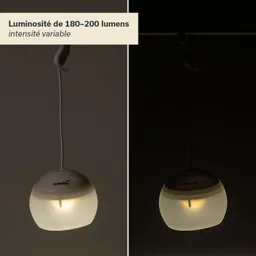 Hängelampe in runder Form, teilweise beleuchtet, vor einem dunklen Hintergrund. Informationen über Lichtstärke und Intensität.