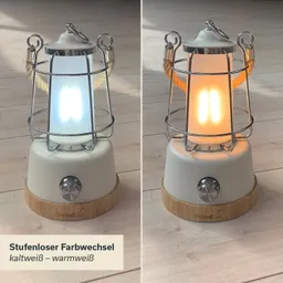 Laterne mit Metallgitter, Wechsel zwischen kaltweißem und warmweißem Licht, stabiler Sockel aus hellem Material und Holz.