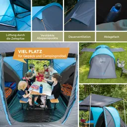 Zelt mit blauer und grauer Plane, Innenraum mit Tisch und Sitzenden, Text über Belüftung und Platz für Möbel.