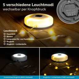 LED-Leuchte mit fünf Leuchtmodi, abgebildet auf einem Holzuntergrund. Inklusive Lichterkette.