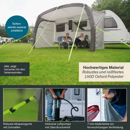 Faltbare Markise aus 150D Oxford Polyester mit grünen Abspannungen, neben einem Wohnwagen auf einer grünen Wiese. Nähere Informationen zur Ausstattung.