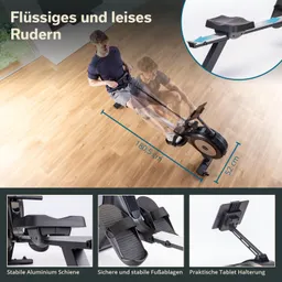 Rudergerät mit stabiler Aluminium-Schiene und Fußablagen. Tablet-Halterung und Maße von 180,5 cm und 52 cm.