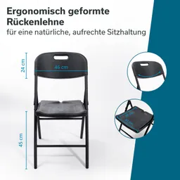 Faltstuhl mit ergonomisch geformter Rückenlehne. Abmessungen: 46 cm Breite, 24 cm Höhe (Rückenlehne), 45 cm Höhe (Sitz), 39-41 cm (Sitzfläche).