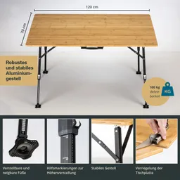 Faltbarer Tisch aus Bambus mit Aluminiumgestell, Maße 120 cm x 70 cm, belastbar bis 100 kg. Detailansichten der Funktionalitäten.