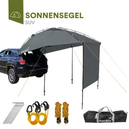 Sonnensegel in grauer Farbe, befestigt an einem SUV. Zubehör wie Heringen, Seilen und Tragetasche abgebildet.