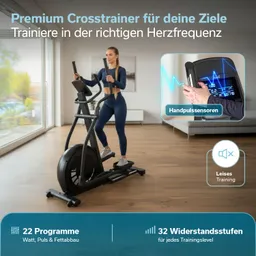 Crosstrainer in einem hellen Raum, mit einer Person, die darauf trainiert. Neben dem Gerät sind Informationen zu Programmen und Widerstand.