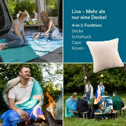 Zwei Frauen sind in einem Zelt auf einer Decke beschäftigt. Unten links sitzt ein Mann mit einer Decke und blickt lächelnd in die Kamera. Unten rechts versammeln sich mehrere Personen um ein Lagerfeuer, einige sind ebenfalls in Decken gehüllt.