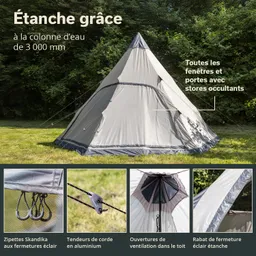 Zelt in grauer Farbe im Freien, umgeben von Bäumen. Informationen zu Eigenschaften und Details.