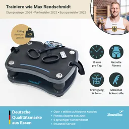 Vibrationsplatte mit verschiedenen Bedienelementen und Riemen, beschriftet mit Fitnessinformationen und Markenlogo.