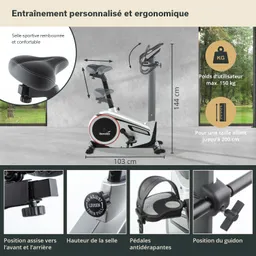 Ergometer mit verstellbarem Sitz und Lenker, rutschfesten Pedalen und maximaler Nutzergewichtskapazität von 150 kg.