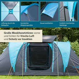 Zelt mit grauer und blauer Abdeckung, großen Moskitonetztüren vorne und hinten, frische Luft und Insektenschutz.