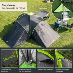 Zelt mit einem schwarzen und grünen Design auf einer Wiese. Im Hintergrund stehen zwei Stühle, und ein Tisch ist sichtbar. Detailansichten zeigen Zeltbestandteile.