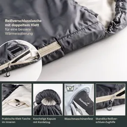 Schlafsack mit grauer Außenseite, Innenfutter in beige, Reißverschluss, Klettverschluss, Kordelzug an der Kapuze.