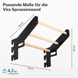 Schwarzes Gestell mit drei Holzstangen, Maße: 60 cm hoch, 78 cm breit, 4,2 kg schwer. Hintergrund hell.