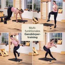 Person führt verschiedene Übungen auf einer Trainingsbank aus. Der Raum enthält Fitnessgeräte und Fenster.