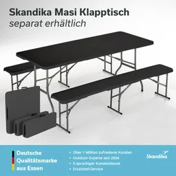 Schwarzer Klapptisch mit zwei Bänken, zusammengeklapptes Zubehör rechts, transparente Hintergrundgestaltung.