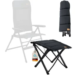 Ein klappbarer Hocker in Schwarz mit gepolsterter Sitzfläche und einem Hinweisetikett, daneben eine Rückenlehne. Im Hintergrund ist ein grauer Campingstuhl angedeutet.