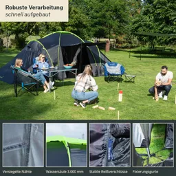 Zelt auf einer Wiese mit mehreren Personen, die an einem Tisch sitzen und spielen. Bäume im Hintergrund.