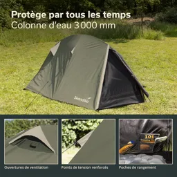 Grünes Zelt auf einer Wiese, mit Details zu Ventilation, Verstärkungen und Taschen im Innenbereich.