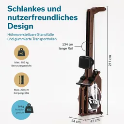Rudergerät mit ergonomischem Design, angegebenen Maßen und Gewichtsgrenzen. Eigenschaften: höhenverstellbare Standfüße, Transportrollen.