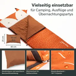 Ein orangefarbener Schlafsack mit einem Fuchsdesign. Der Schlafsack hat einen abnehmbaren Kissenbezug, Reißverschluss mit Klemm- und Wasserabweisschutz.