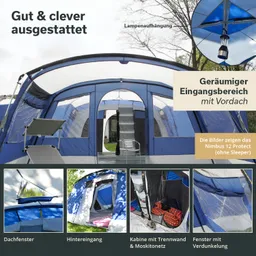 Zelt in blauen und grauen Tönen mit Vorraum, Dachfenster, Eingängen und Inneneinrichtung. Verschiedene Detailansichten sind abgebildet.
